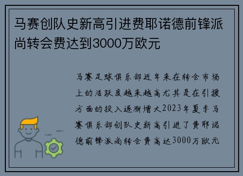 马赛创队史新高引进费耶诺德前锋派尚转会费达到3000万欧元